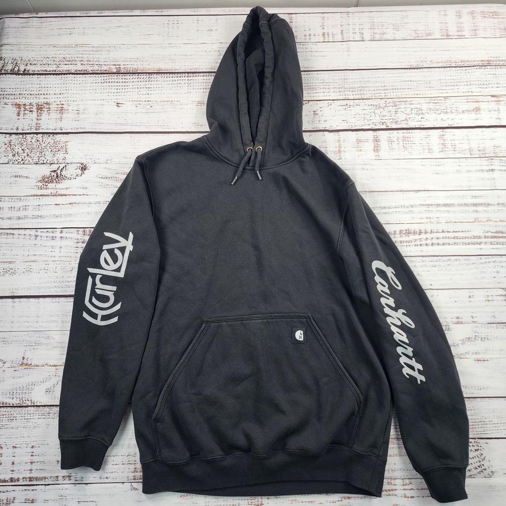 Hurley x Carhartt Hoodie Mens Small Black Fleece Pullover Sleeve Logo Sweatshirt